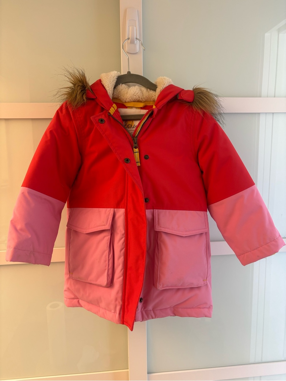 Mini Boden Red and Pink Color-Block Hooded Coat